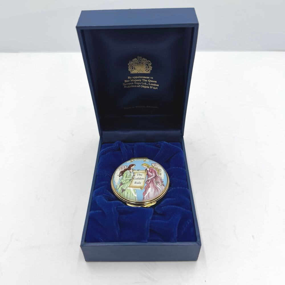 Vintage Halcyon Days England Enamel Trinket Box "The Golden Rule" 2000 Mary Kay